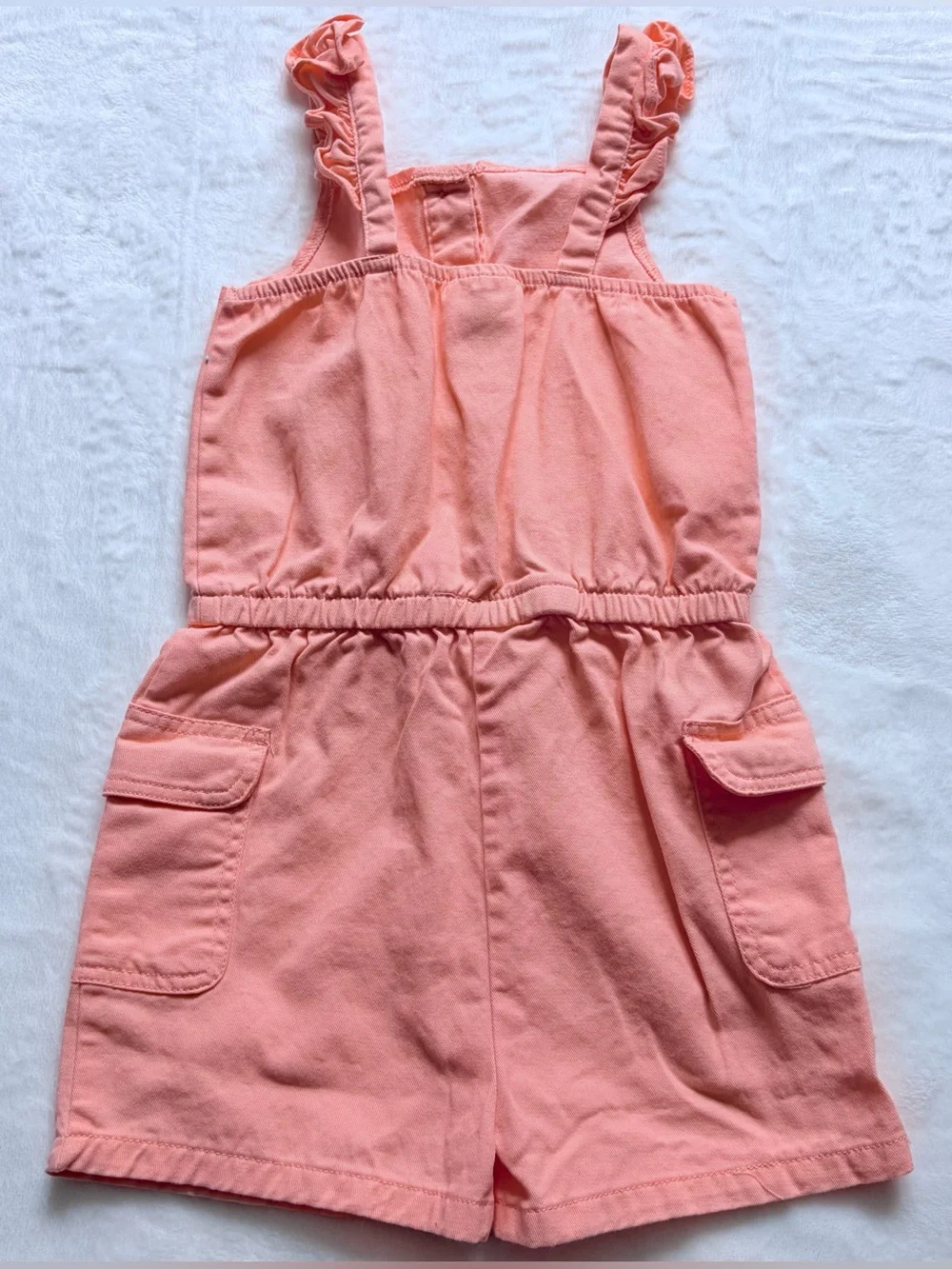 Girls 6X Peach Romper - Sleeveless Ruffle Strap One Piece Outfit W/ Pockets